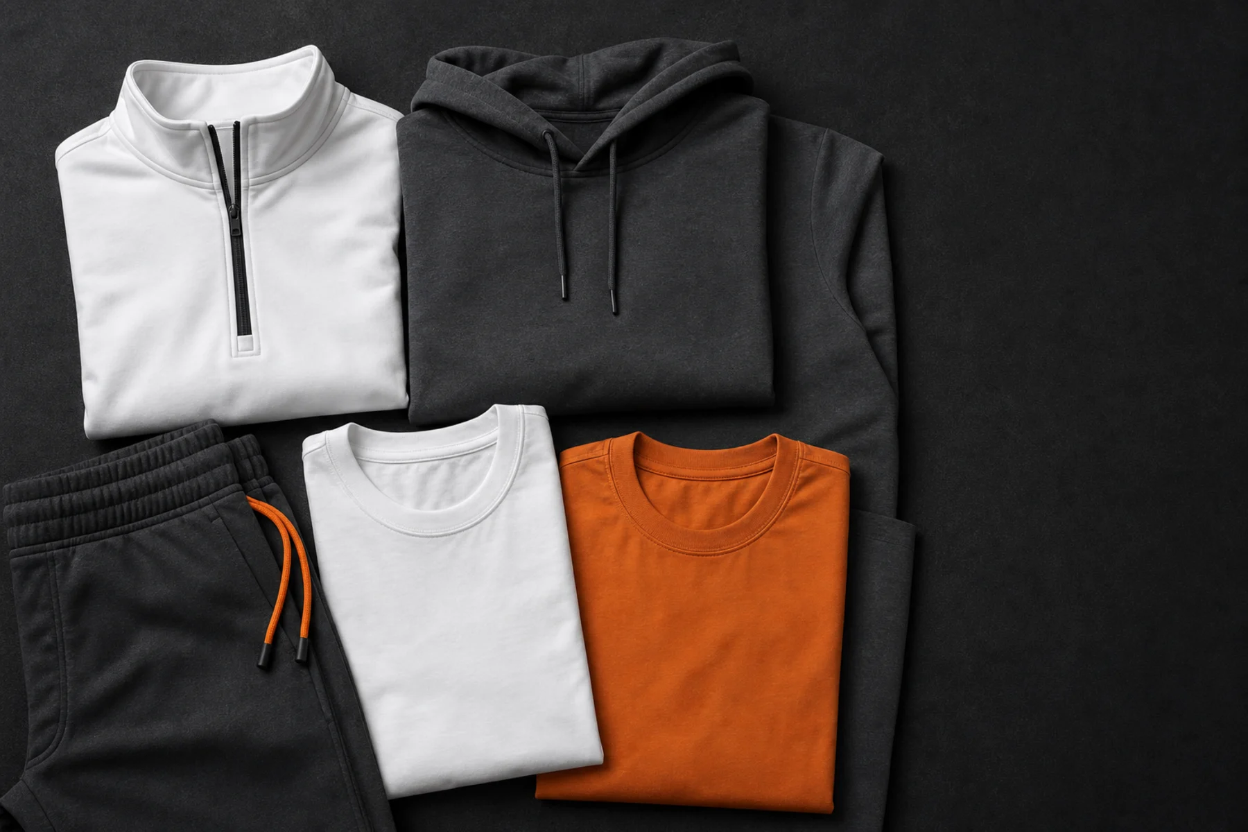 Folded performance apparel arranged in white, graphite, and orange