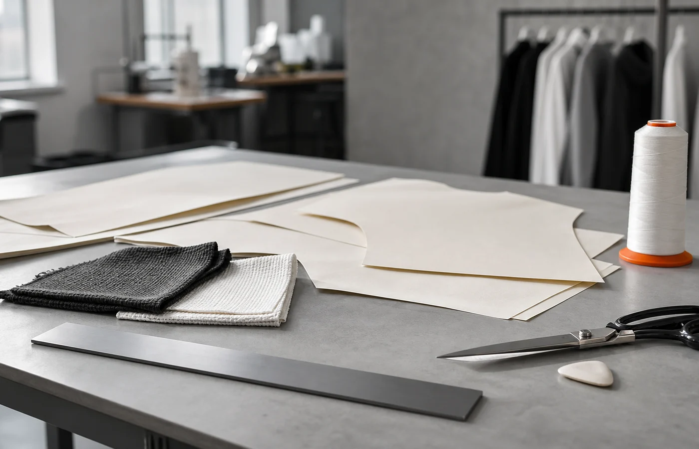 Apparel patterns, measuring tools, and thread arranged on a worktable
